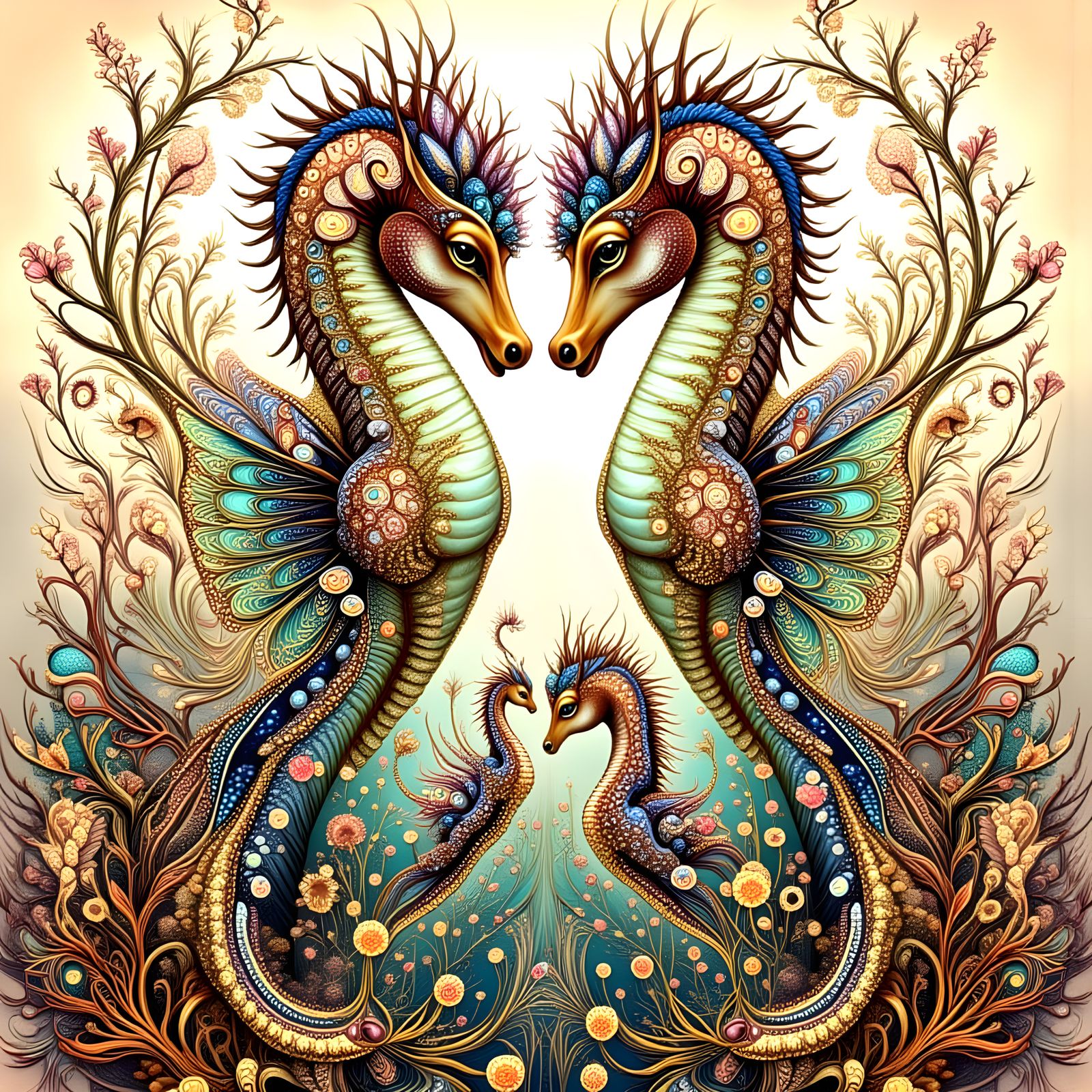 Intricate Seahorse Family in Flowing Dress