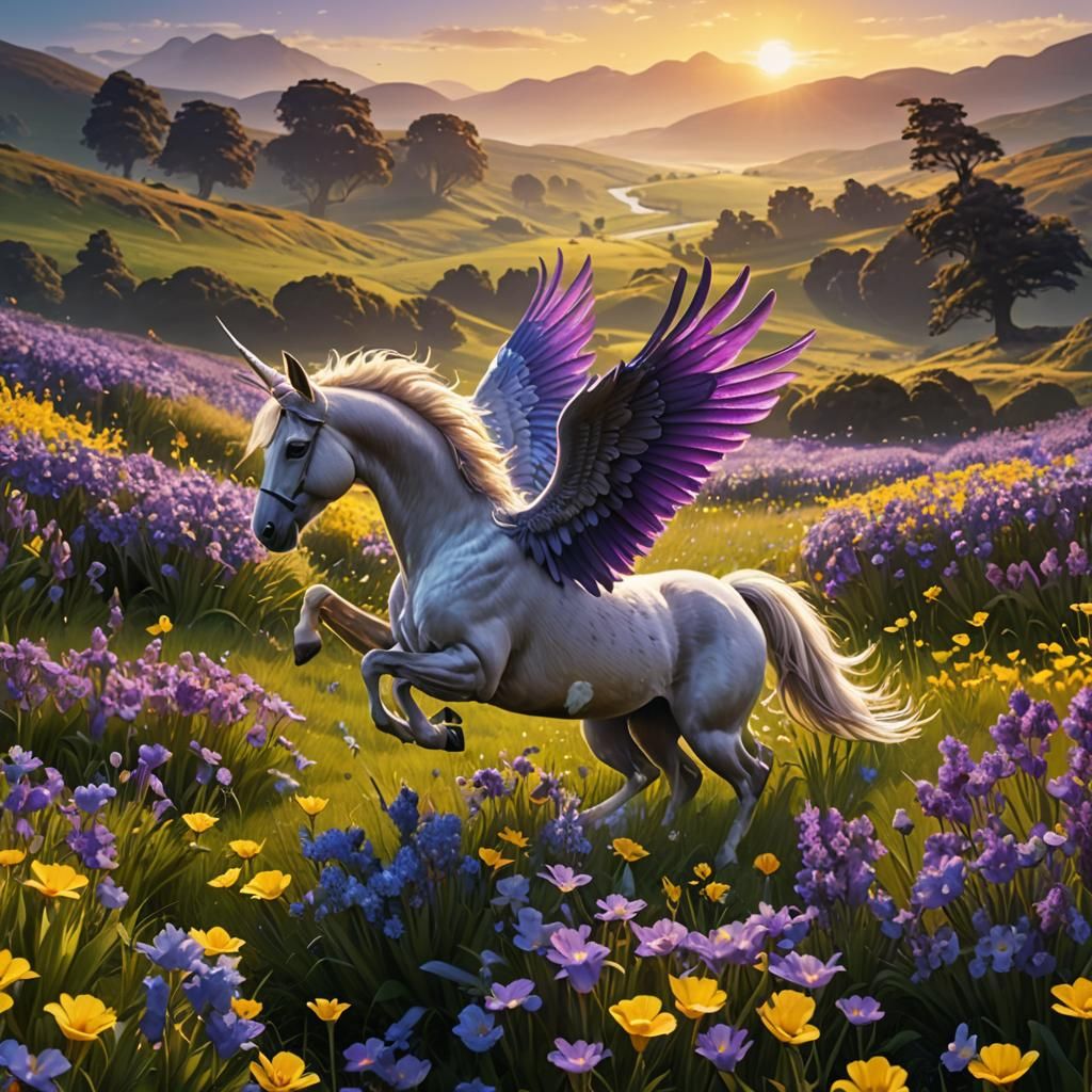 Pegasus with Purple Wings over Scottish Meadow