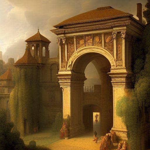 Renaissance Town Archways in Lush Greenery