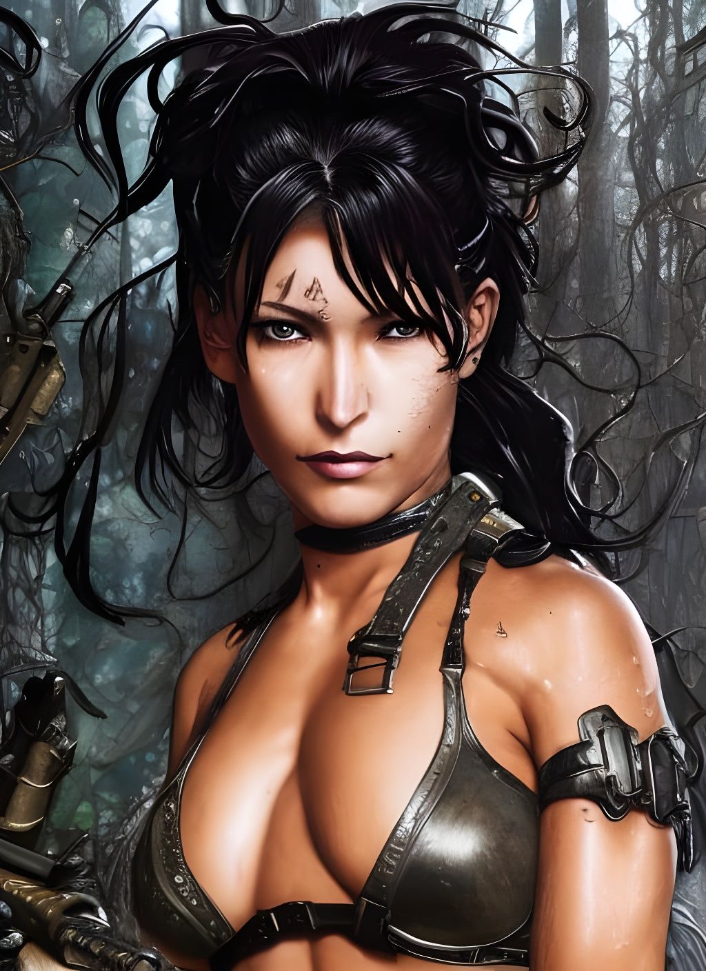 Mercenary Revy Portrait in Grimy Forest, Digital Art