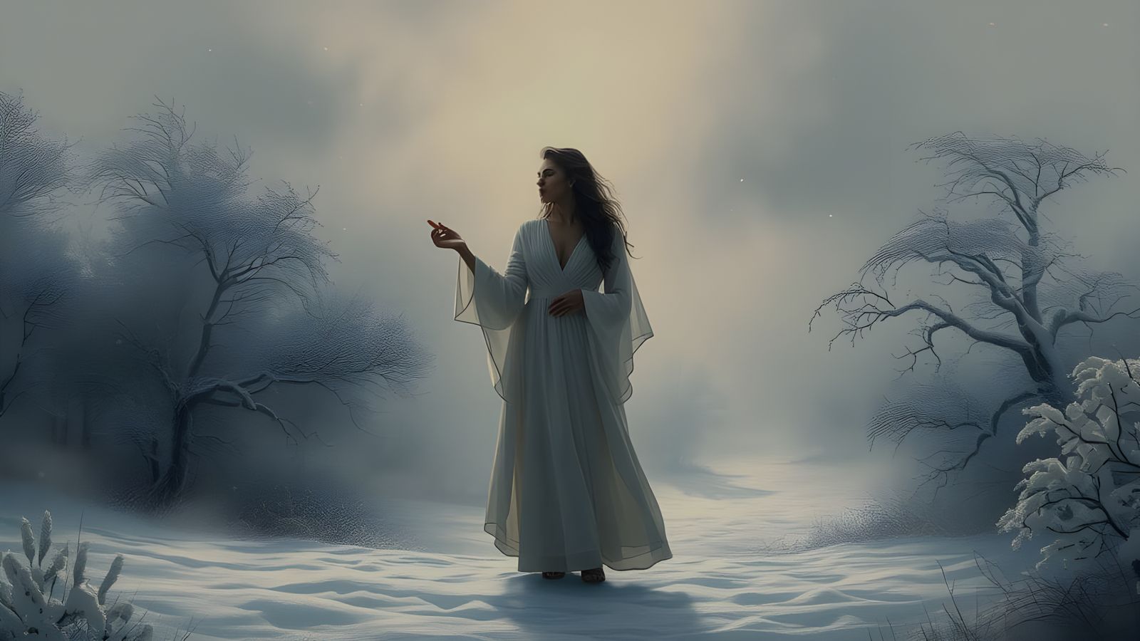 Ethereal Winter Magic: Oil Painting with Lens Flare