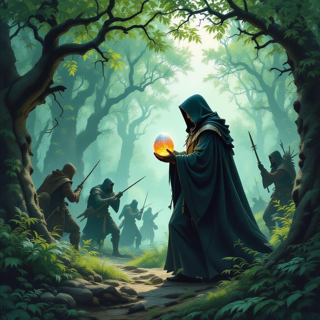 Dragon Egg Journey Through Mystical Forest, Fantasy Art