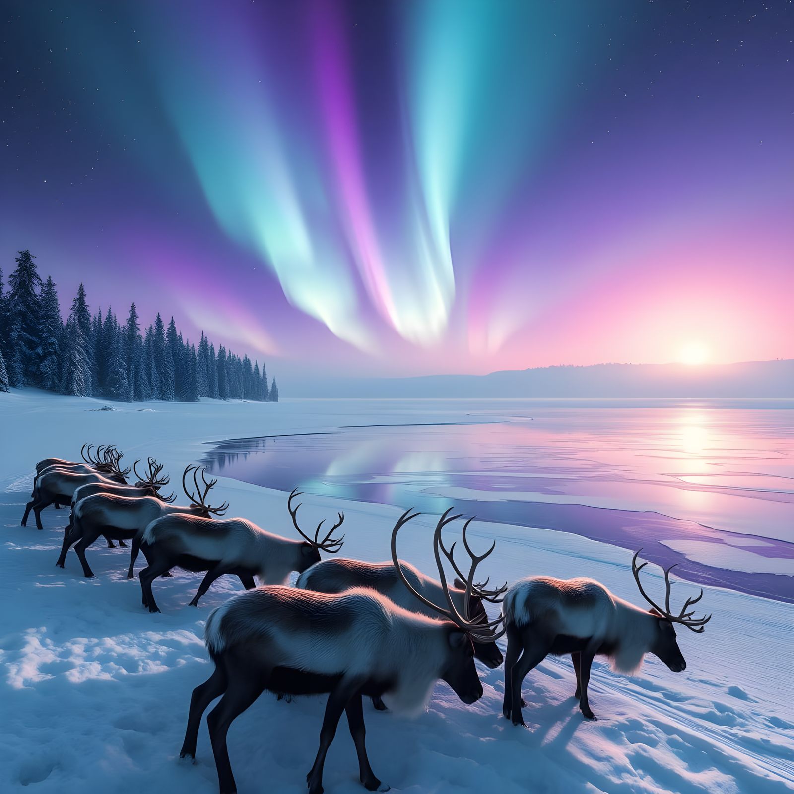 Ethereal Winter Scene with Caribou and Aurora Borealis