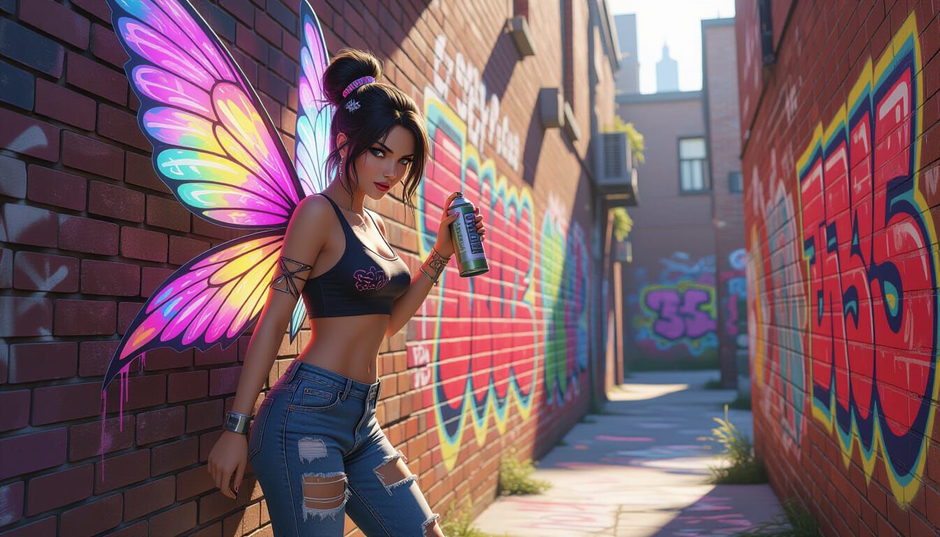 Graffiti Fairy with Spray Paint Wings in Street Art Style