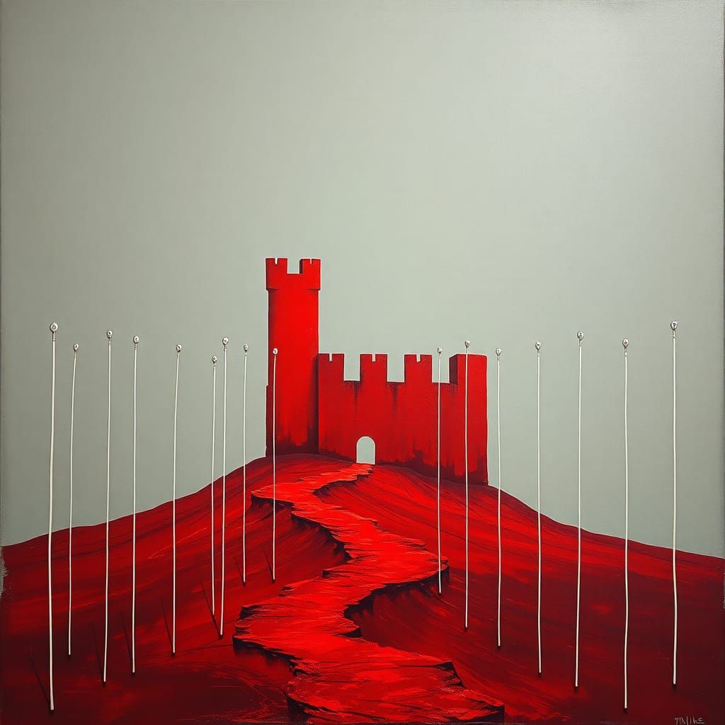 Surreal Red Castle Wall in Melting Oil Paint Style