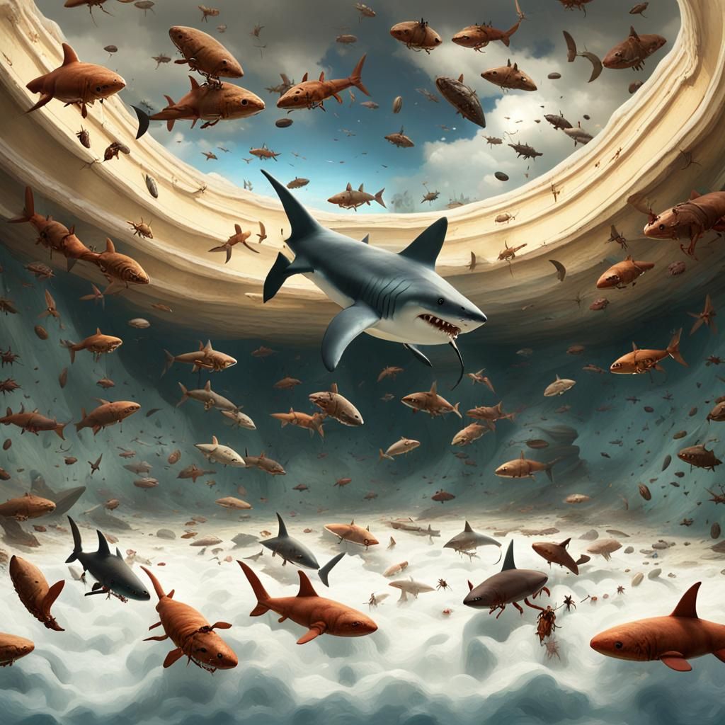 Surreal Shark Battle in Ice Cream Pit