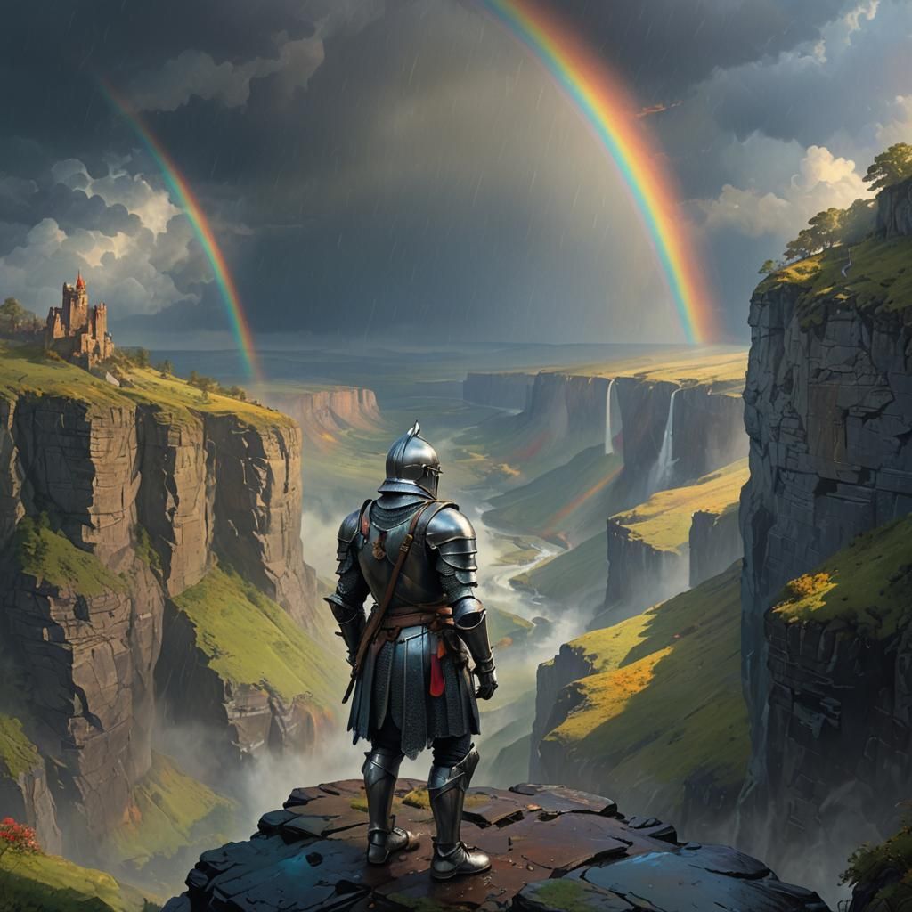 Knight Observes Rainbow in Fantasy Landscape Art