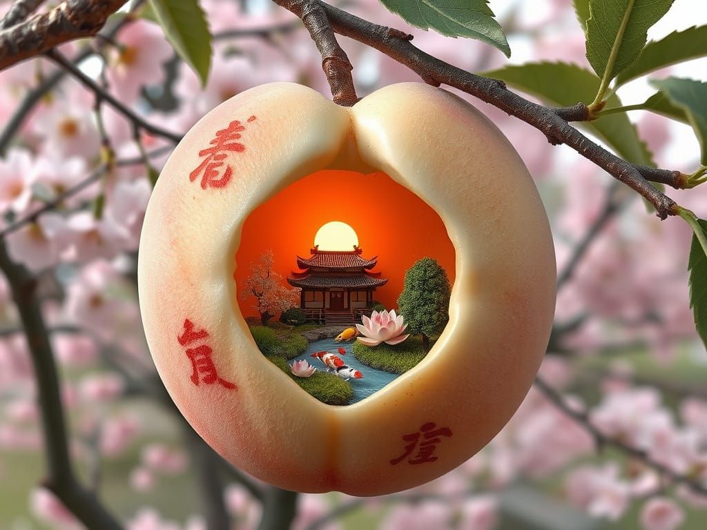 Miniature Japanese Village Inside a Peach, Hyperrealistic 3D