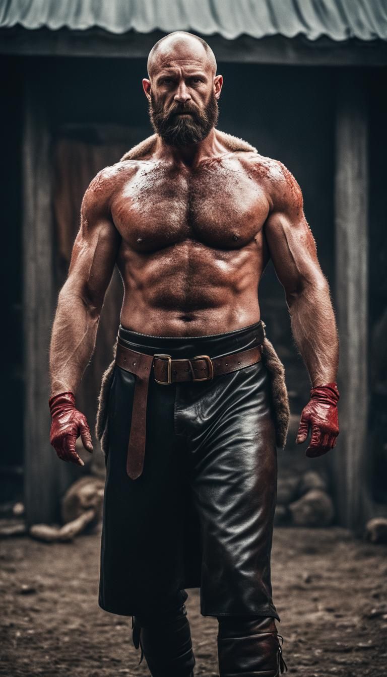 Cinematic Film Still: Hairy Man in Leather Outfit