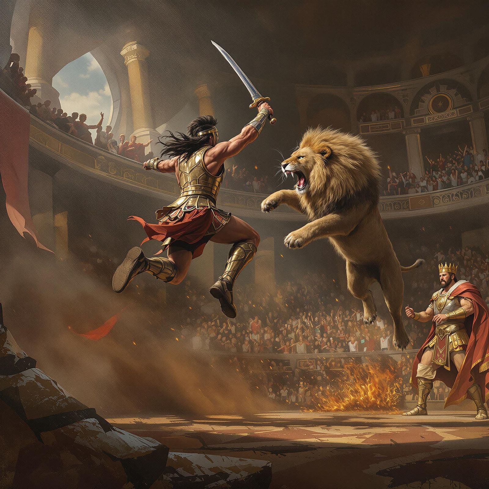 Gladiator Leaps Against Lion in Roman Stadium