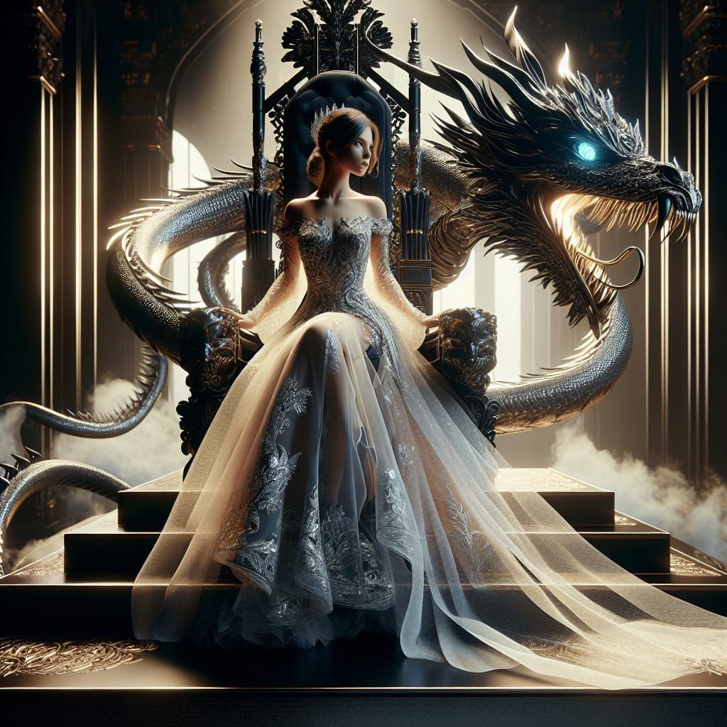 Majestic Queen on Throne with Serpent-Dragon in 8k