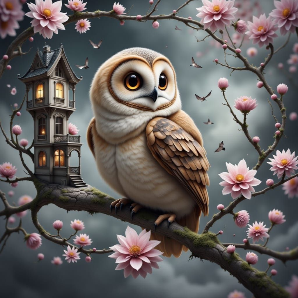 Whimsical Victorian Bonsai Village Guardian Baby Owl