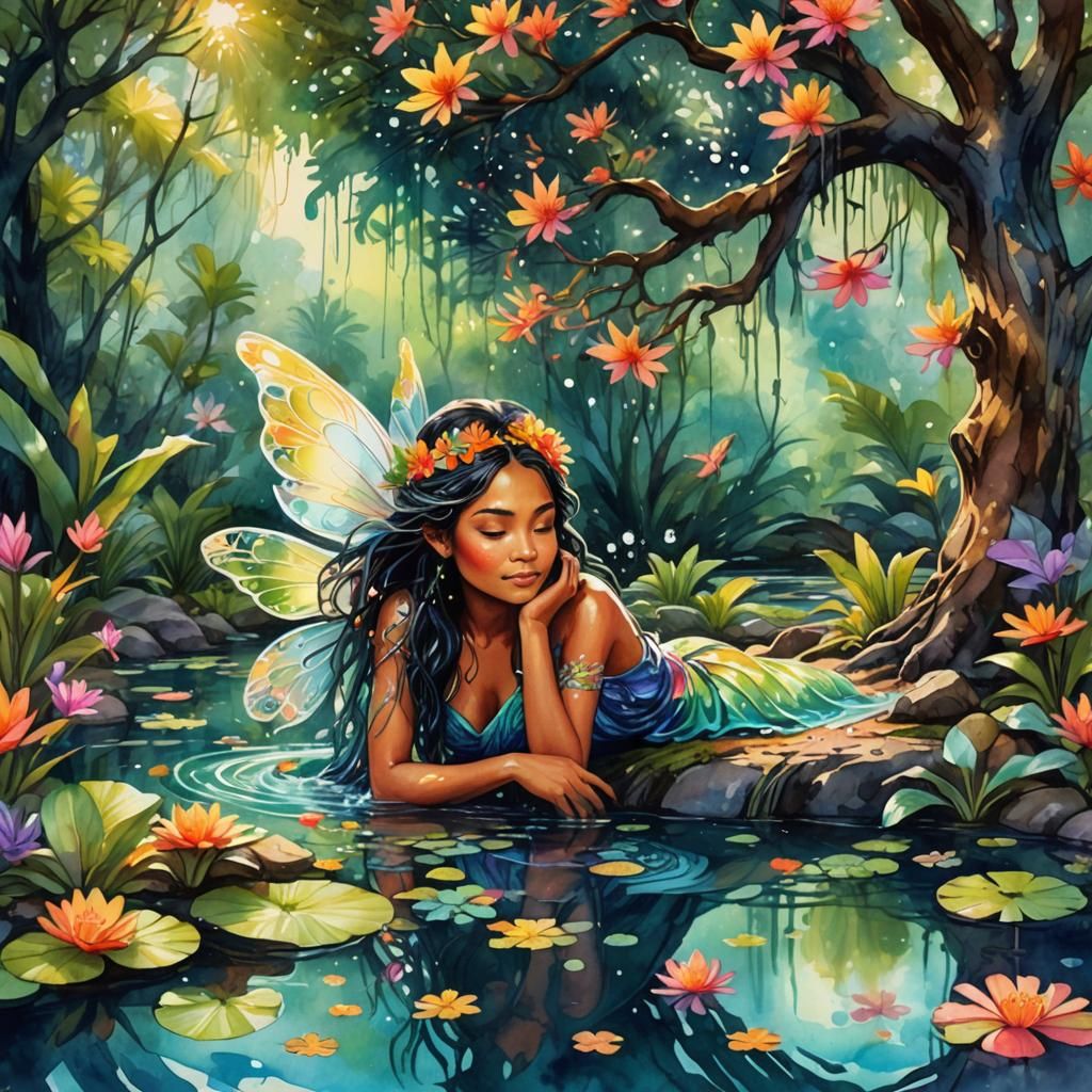 Polynesian Fairy Washing Hair: Watercolor Illustration