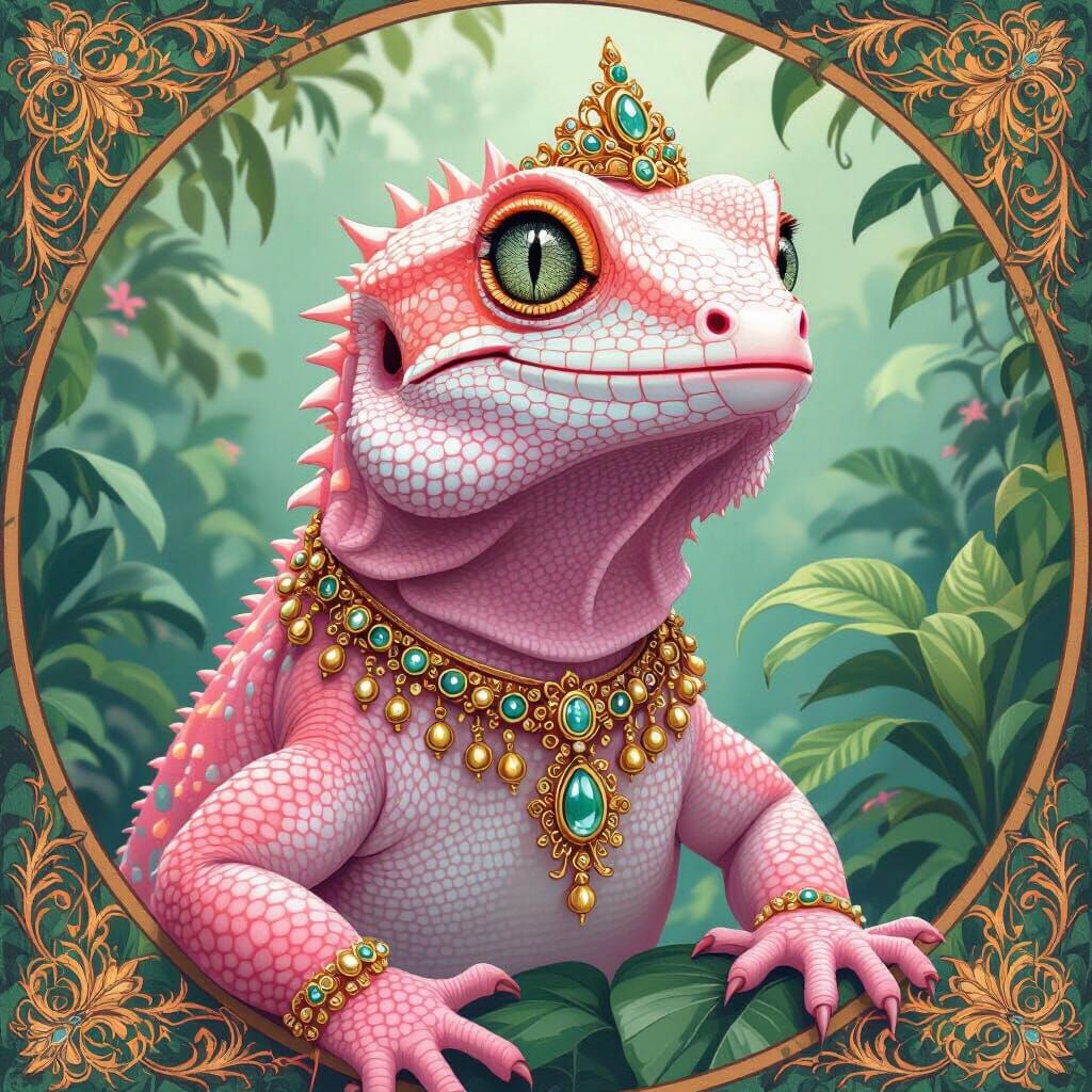 Regal Pink Gecko Queen in Jungle, Art Nouveau Style