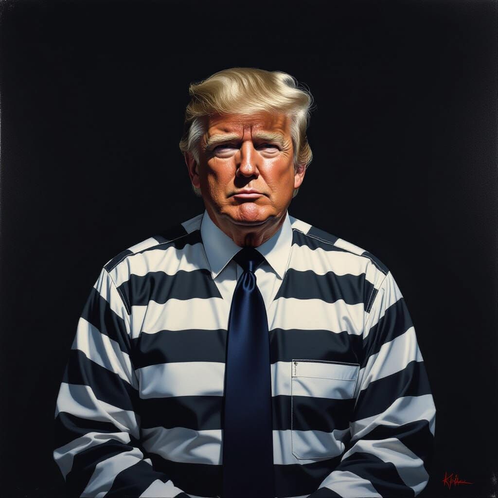 Donald Trump in Prison Stripes, Hyperrealistic Style