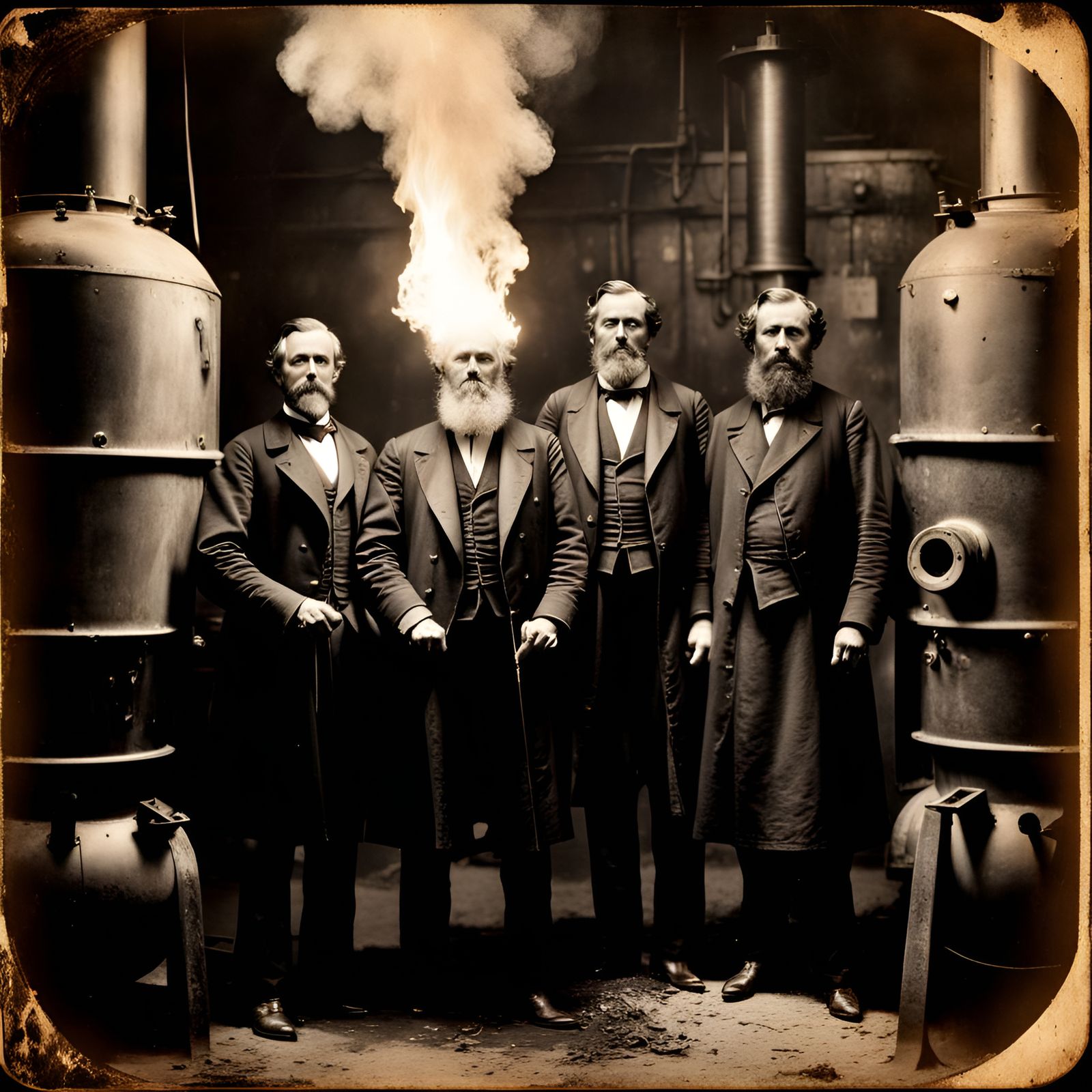 Eerie Antique Photo: Man Ablaze in Victorian Boiler Room