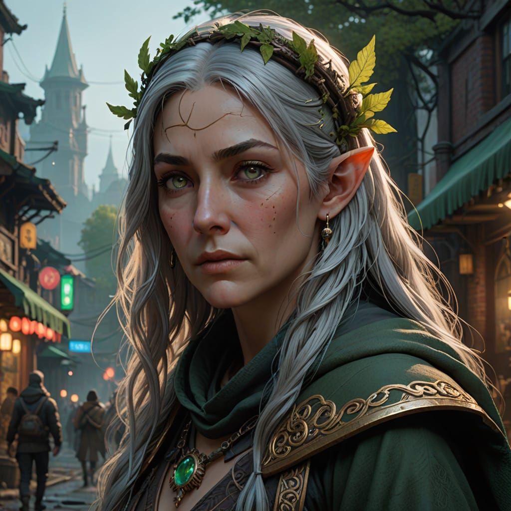 Ethereal Half Elf Matriarch in a Mystical Black Cloak