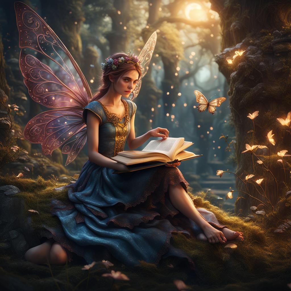 Pretty Fairy Reading a Book: Fantasy Concept Art