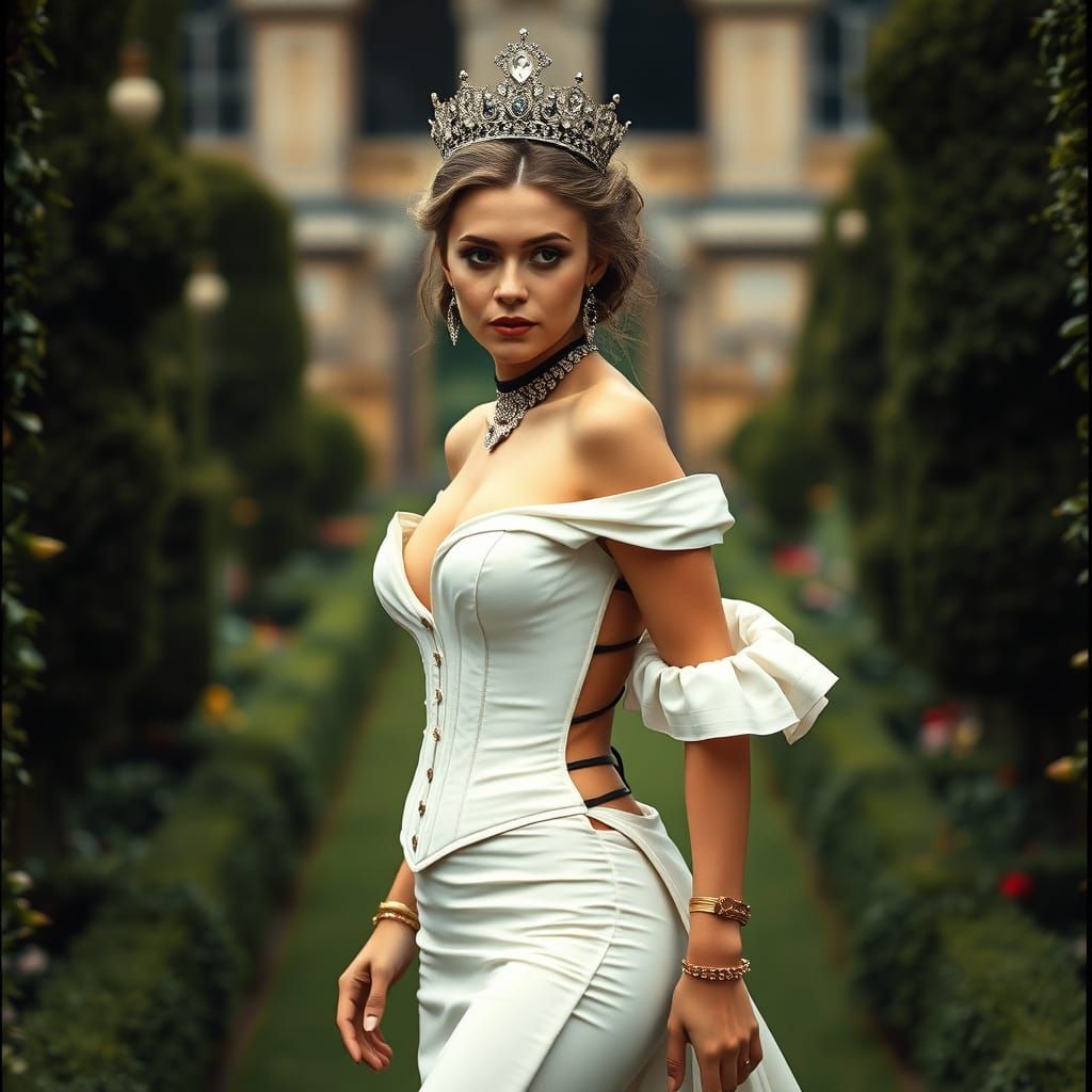 Victorian Queen in Royal Garden: Cinematic Film Still