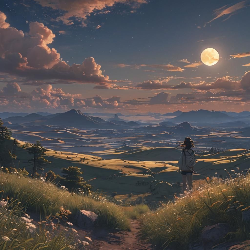 Ethereal Anime Landscape with Moon in 3D