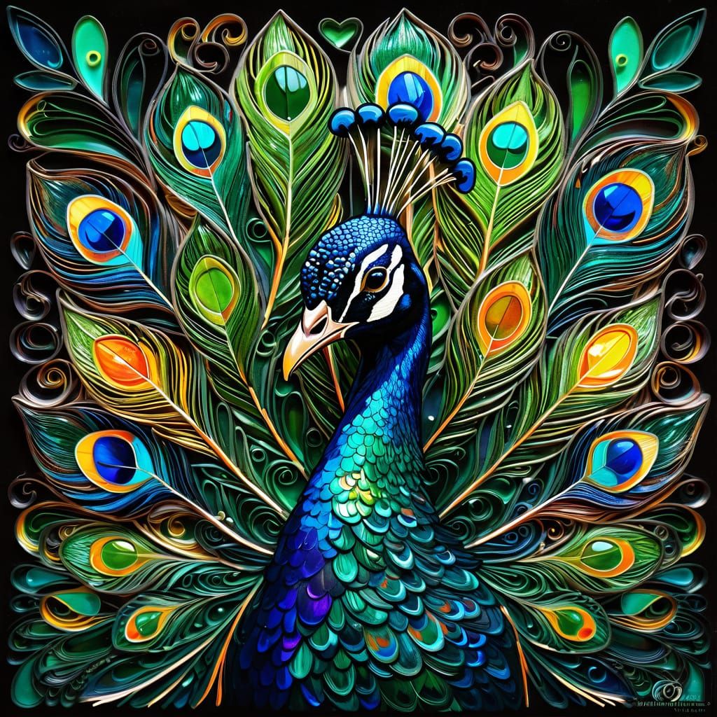 Vibrant Peacock Window in Quilling Graffiti Style