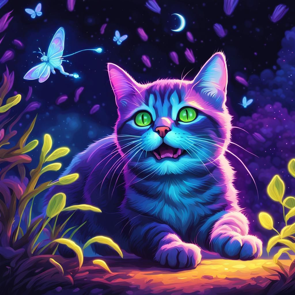 Cat Chasing Firefly with Neon Glow in Surreal Style
