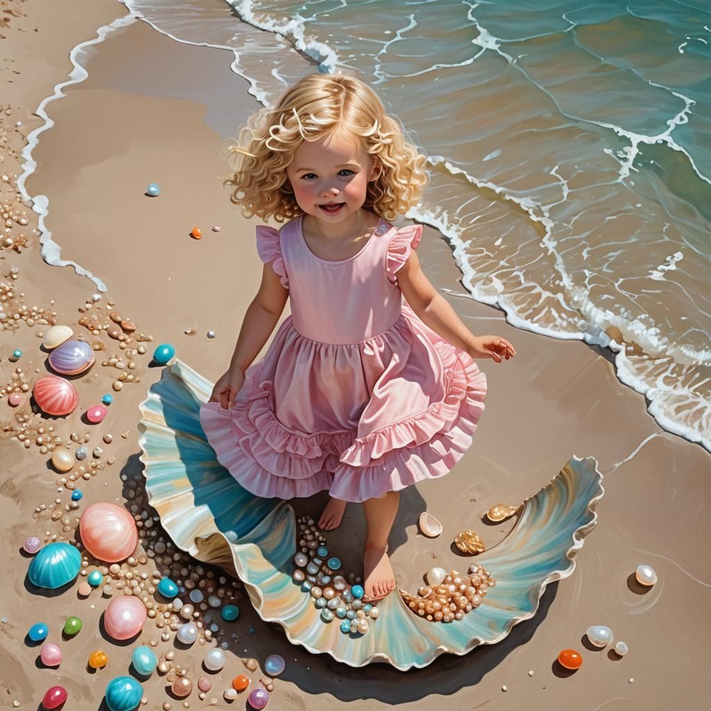 a huge open clam shell sits on a beach, a realistic little 5...