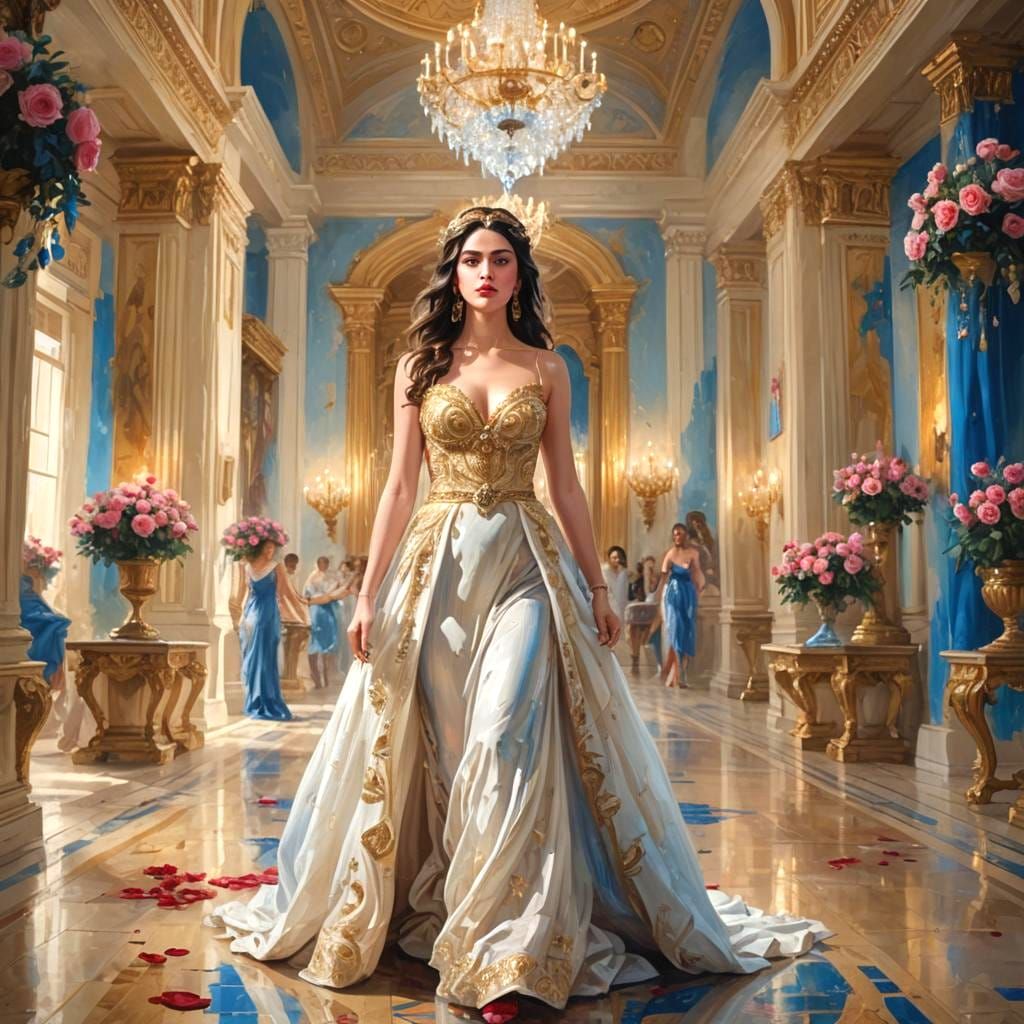 Stunning Woman in Stylish Dress in Grand Hall