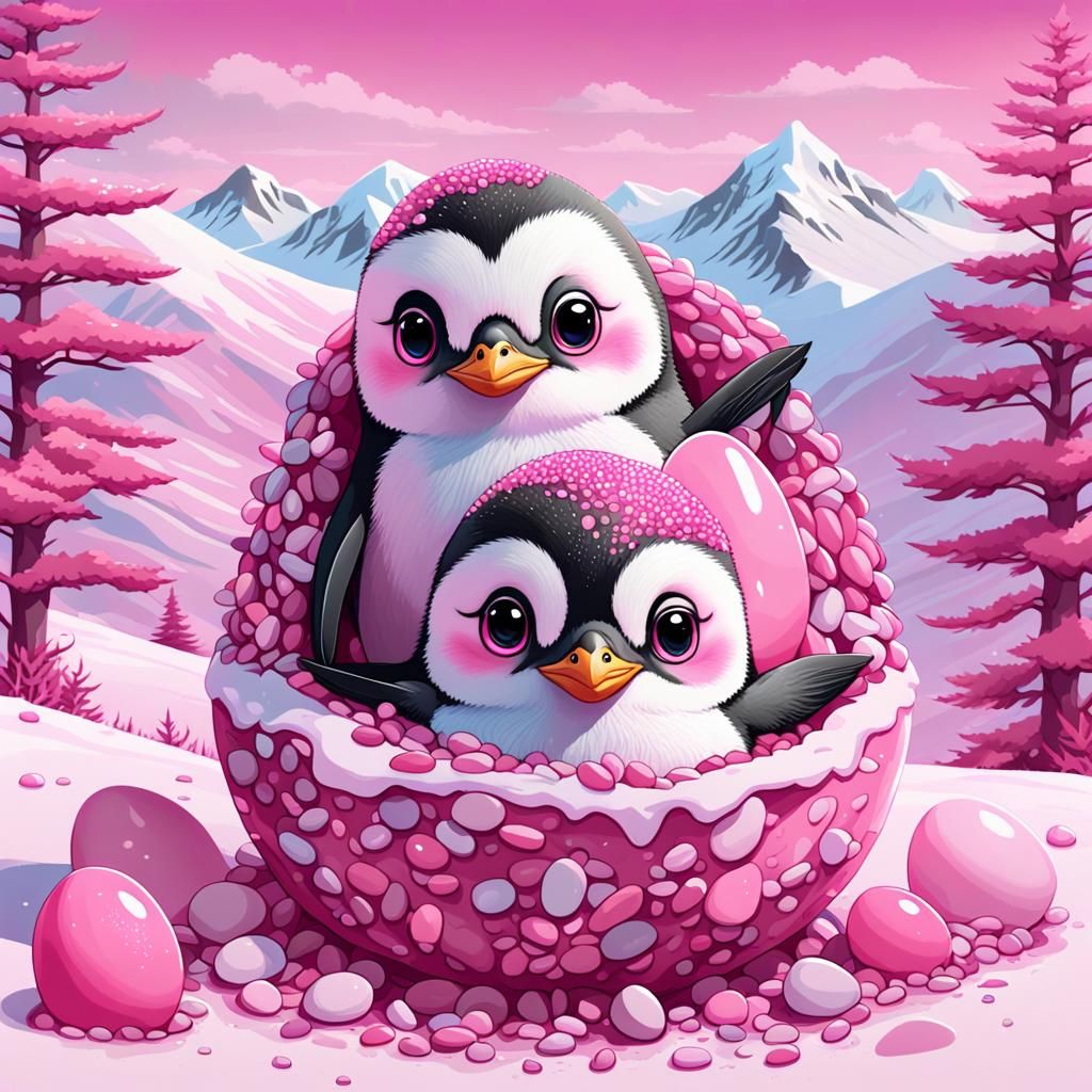 Pink Chibi Penguins Hatching in Snowy Landscape