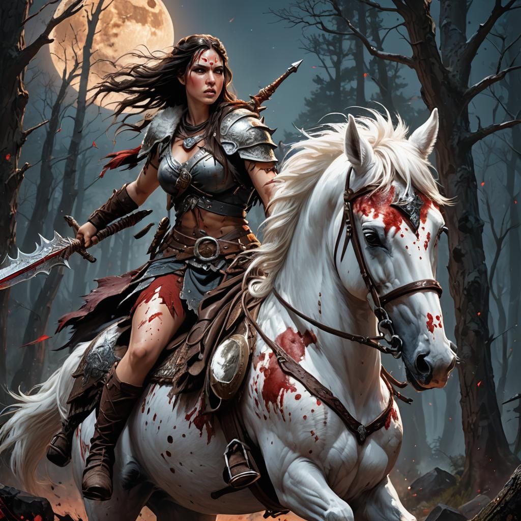 Wounded Barbarian Woman on Pony in Moonlight