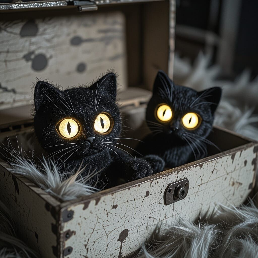 Creepy Glowing-Eyed Cat Toys in Dark Toy Chest
