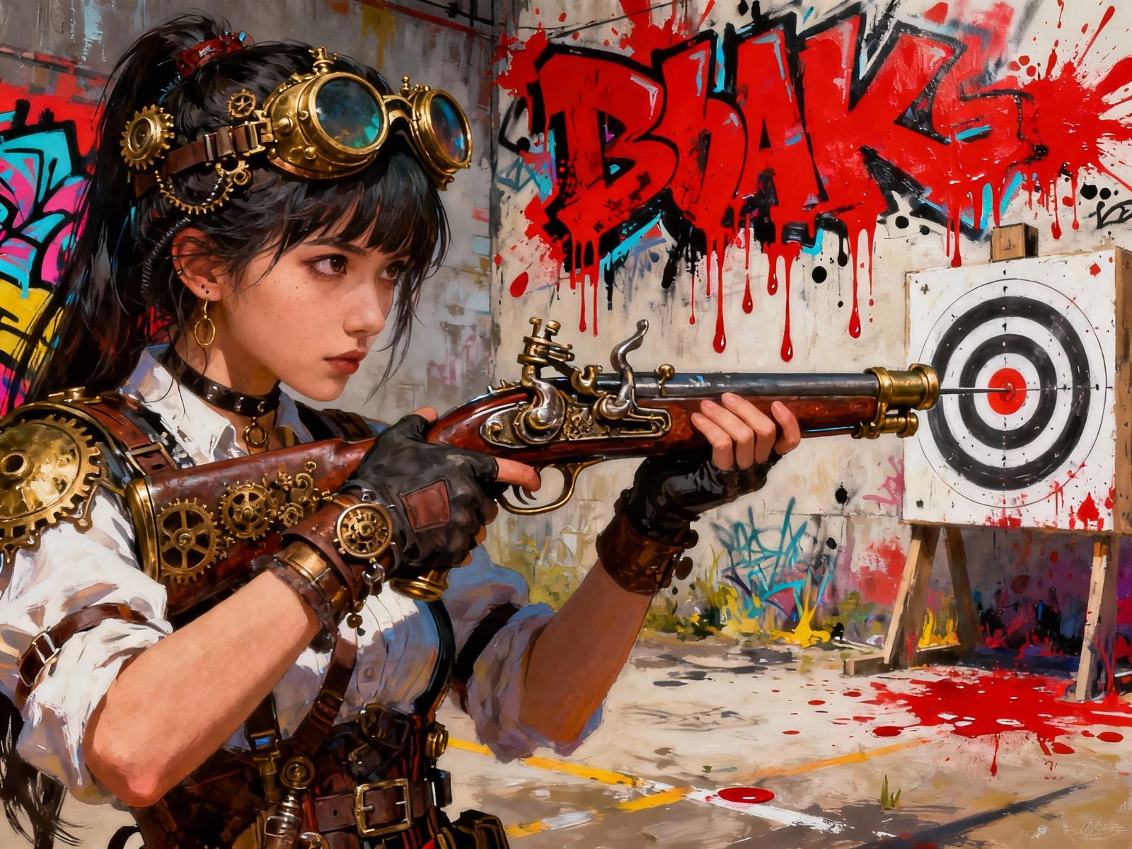 Steampunk Lady Blunderbuss at Graffiti Target Range