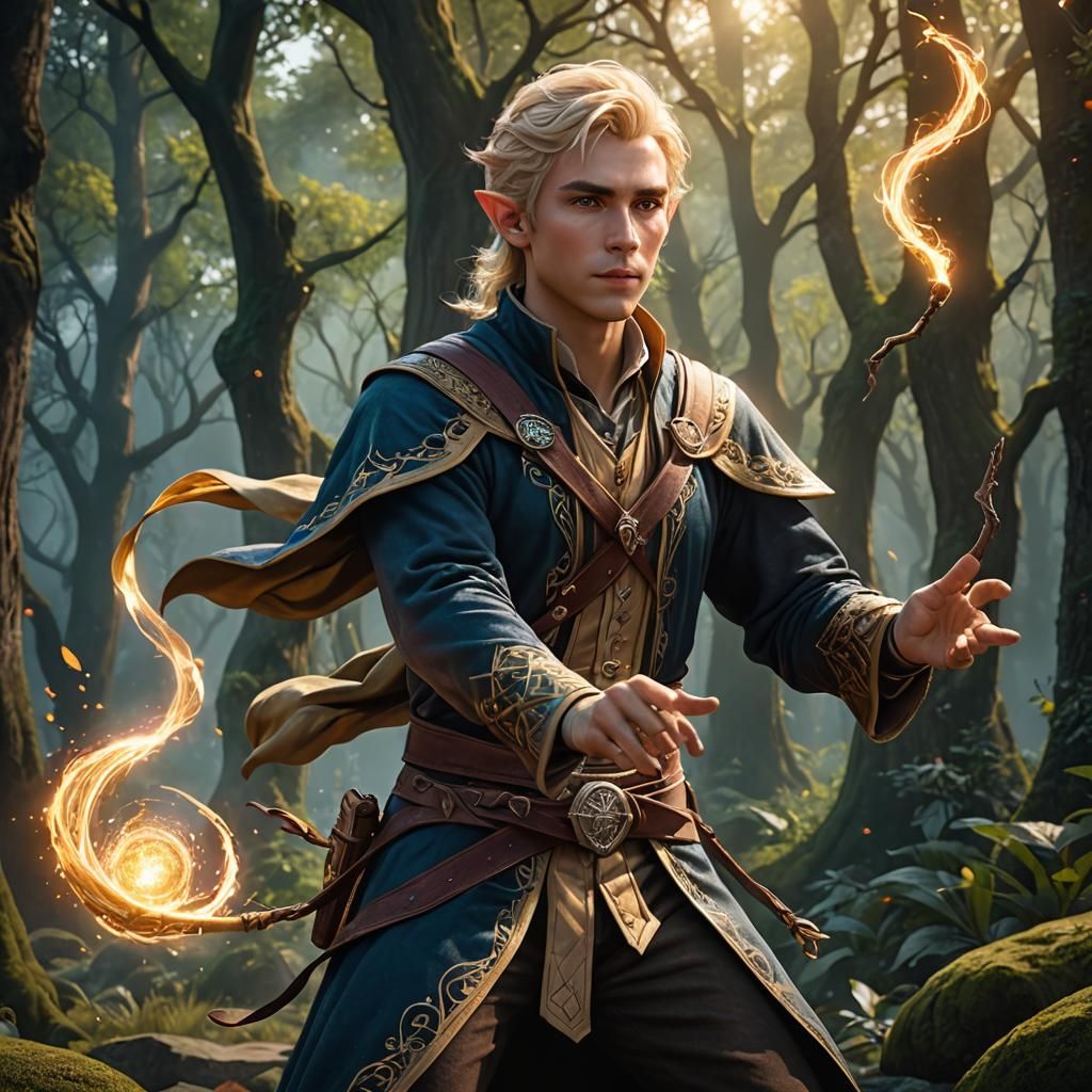 Young Half-Elf Wizard Casting Spell: Fantasy Art