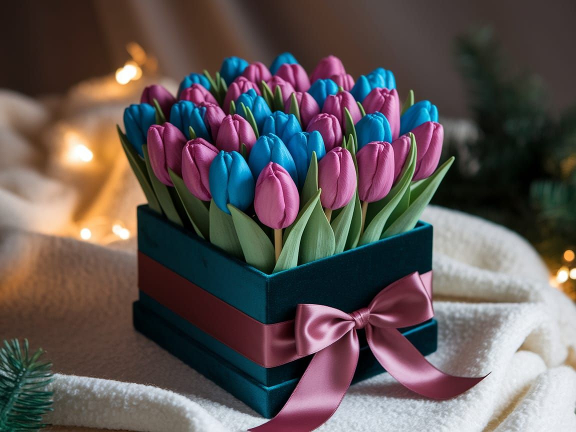 A bouquet of vibrant pink and blue tulips arranged in a luxurious dark green square box, adorned with a silky red ribbon...