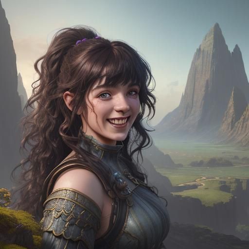 Fantasy Portrait of Laughing Woman in Detailed Landscape
