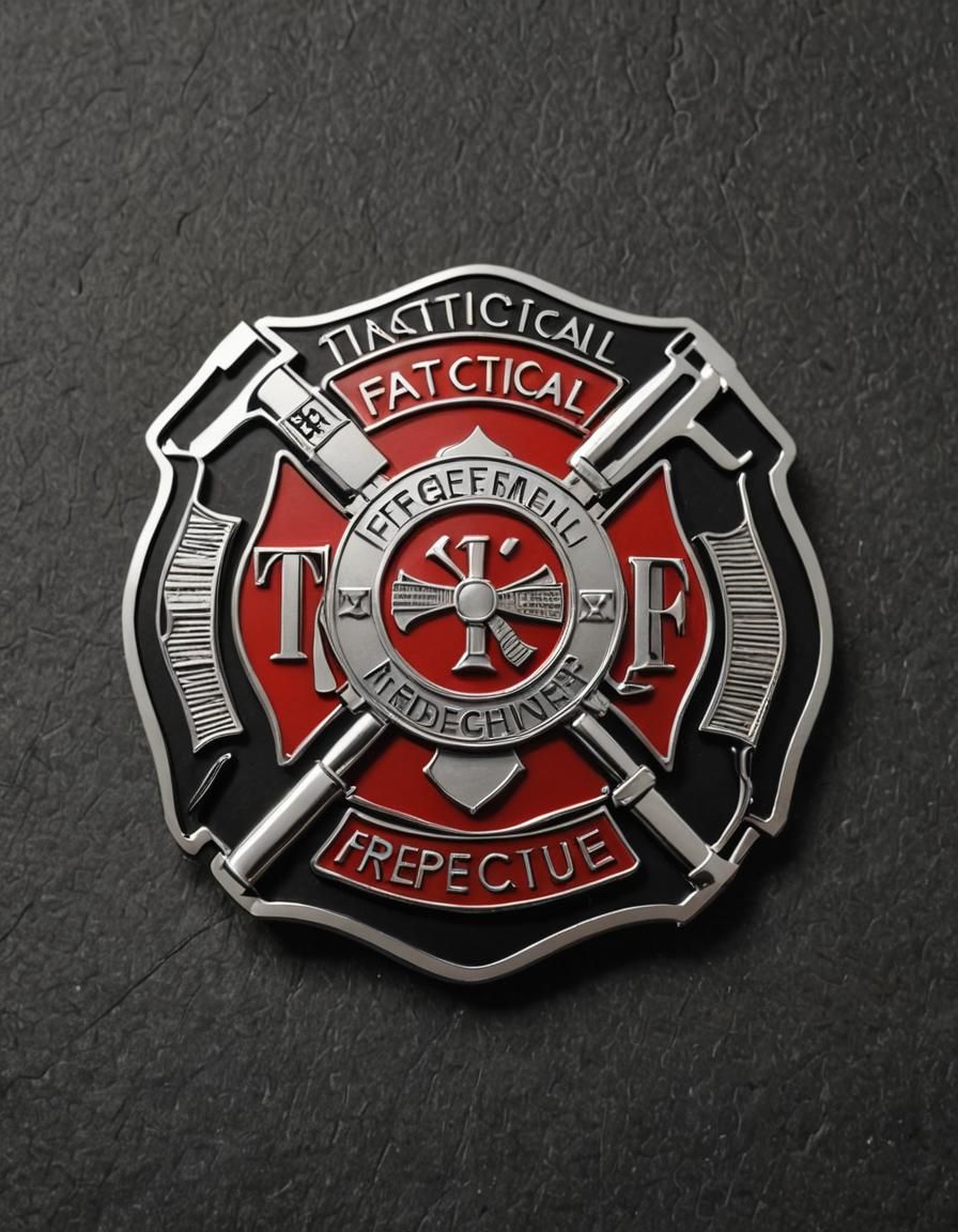 A modern and sleek tactical firefighter badge. Features a sh...