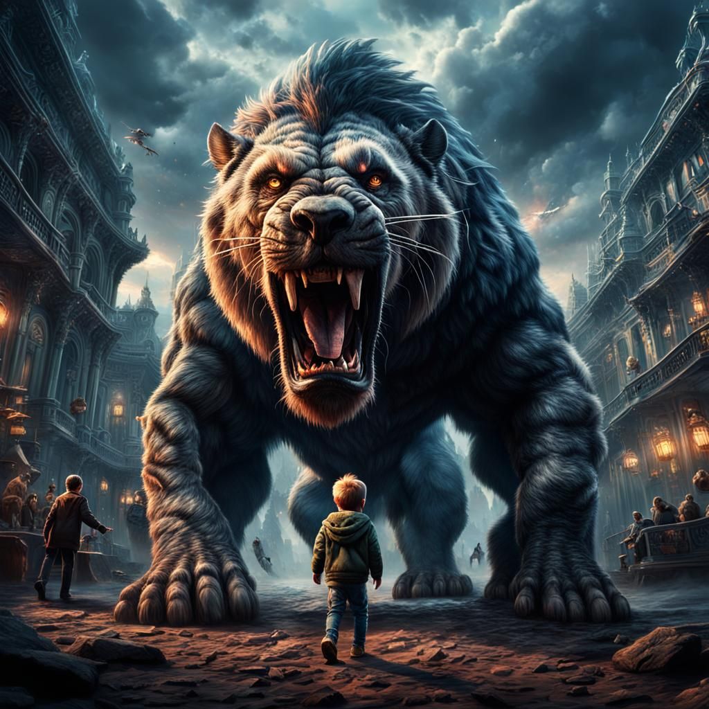 Child Taming Beast in Dramatic Digital Painting
