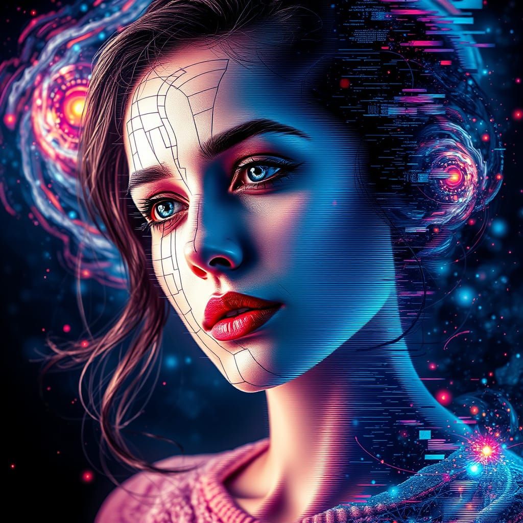 Mesmerizing Glitch Art Portrait of Woman in Nebulae