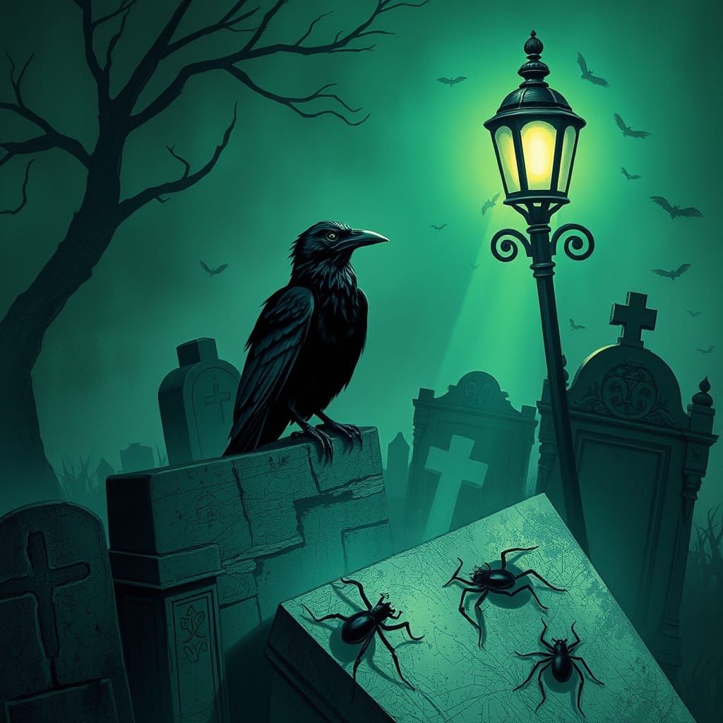 Gothic Crow on Cemetery Wall Under Green Light