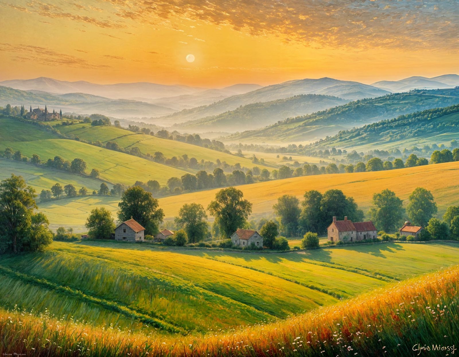 Misty Valley Sunrise: An Impasto Oil Painting