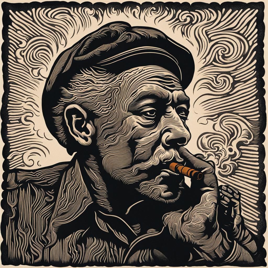 portrait of man smoking a cigar, billowing smoke, linocut lines, intricate, detailed, woodcut