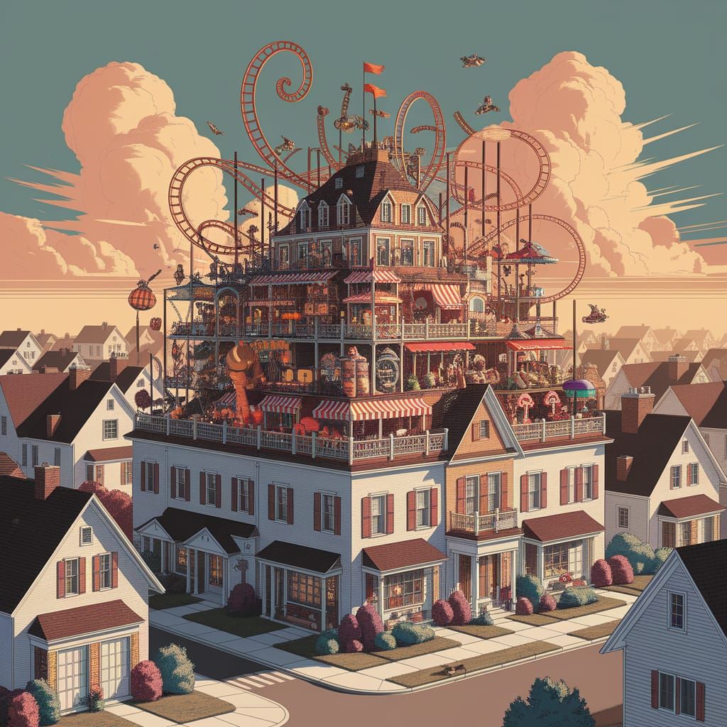 House with Rooftop Amusement Park in Whimsical Style