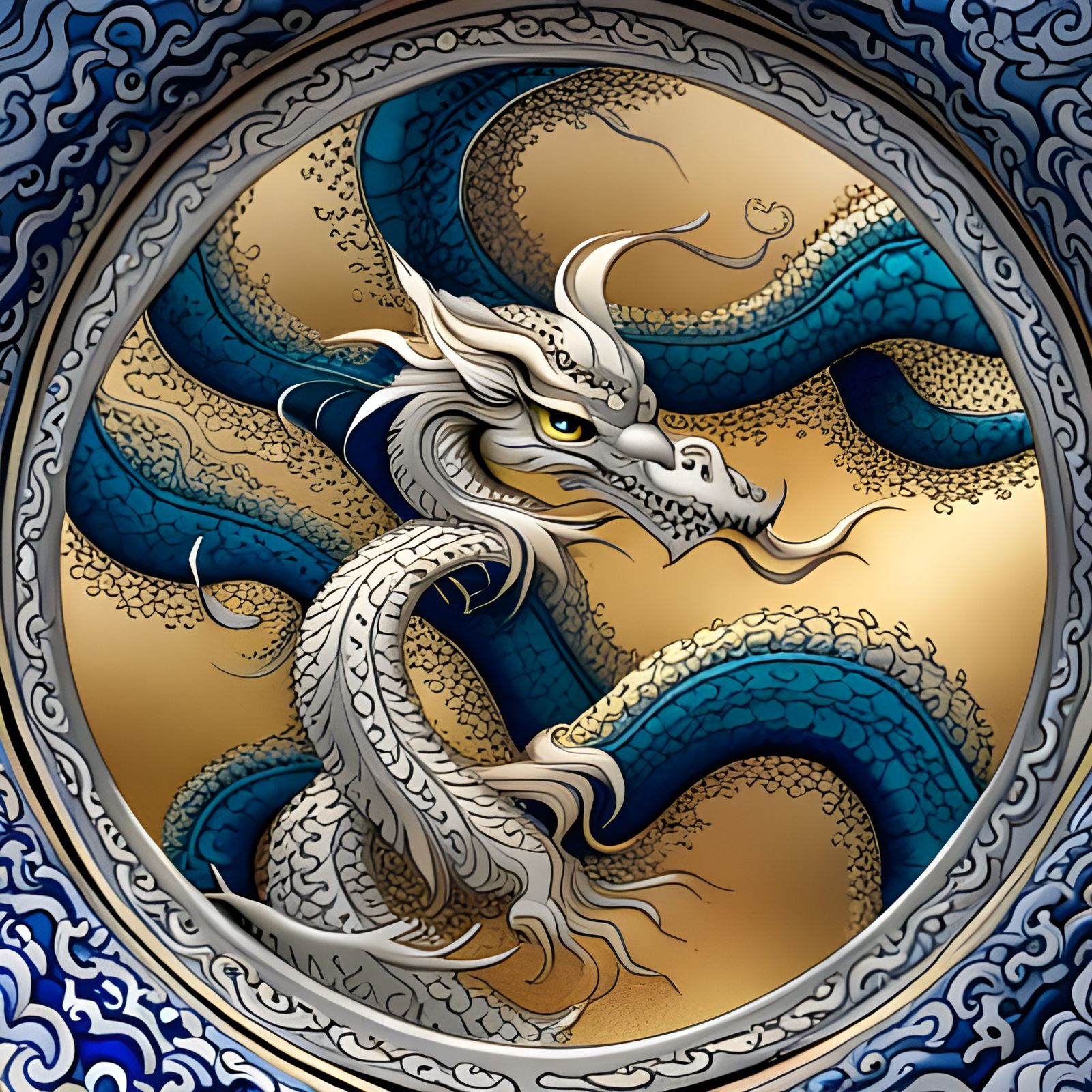 Porcelain Dragon Micro Engraving in Silver and Gold