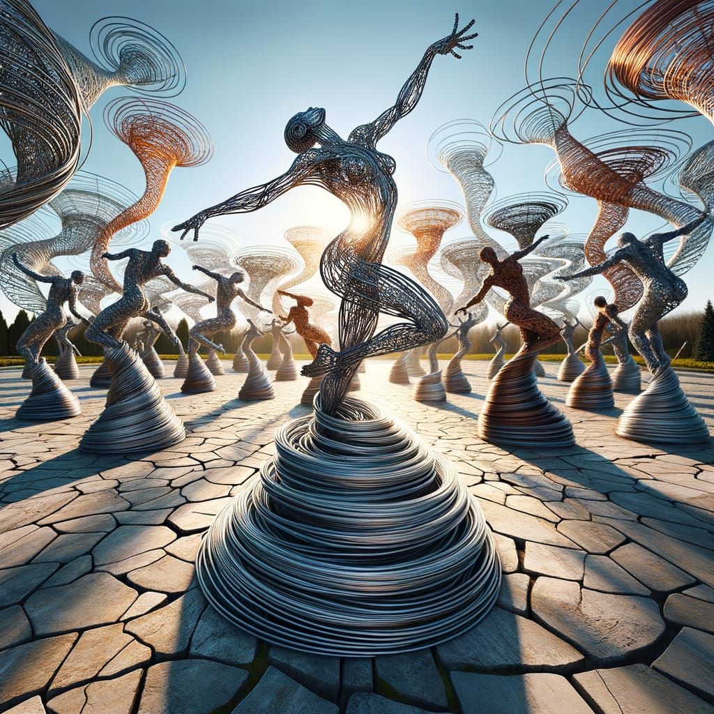 A surreal sculpture garden where metallic twisted wires form human silhouettes mid-dance, each body composed of swirling...