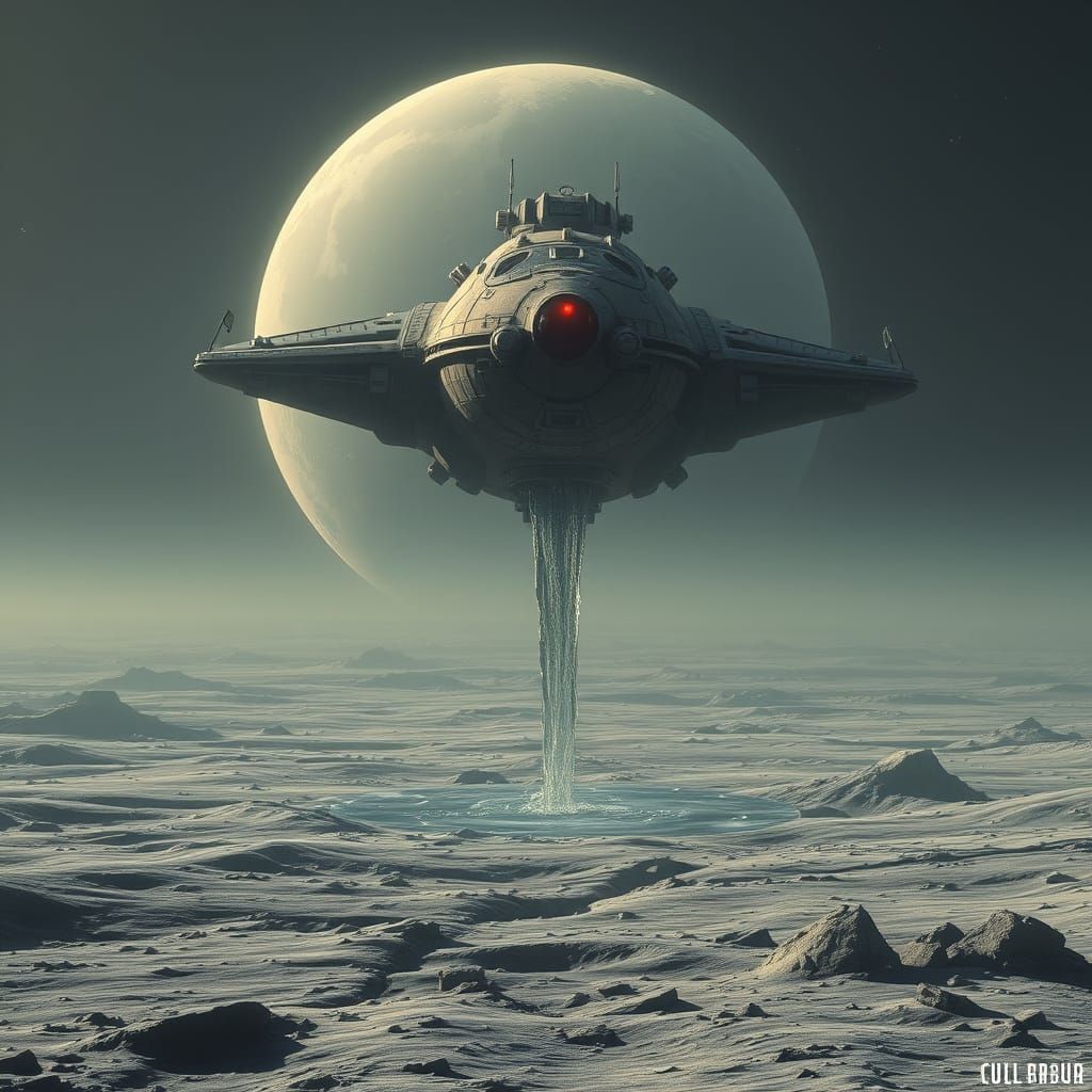 Spaceship Water Stream on Moon in Dreamy Style
