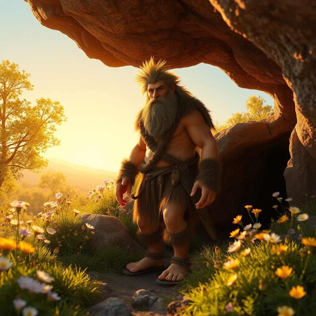 Caveman Emerges into Springtime: 3D Digital Art