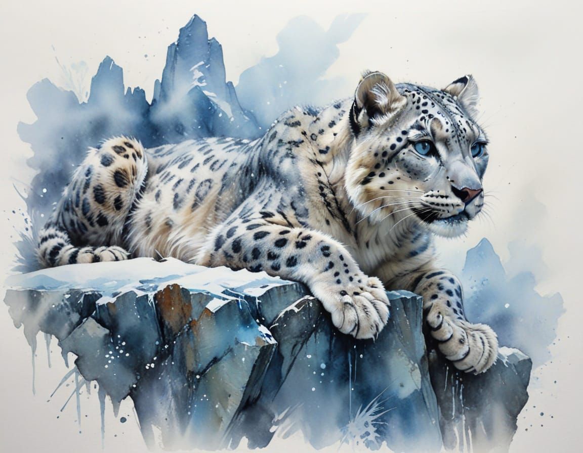 Snow Leopard on Frosty Ledge in Expressive Watercolour Style