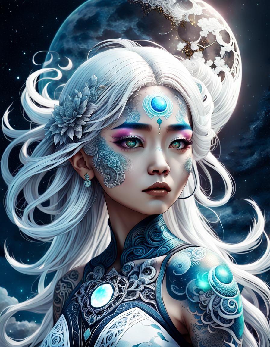 Ethereal Moon Goddess Portrait in Vaporwave Style