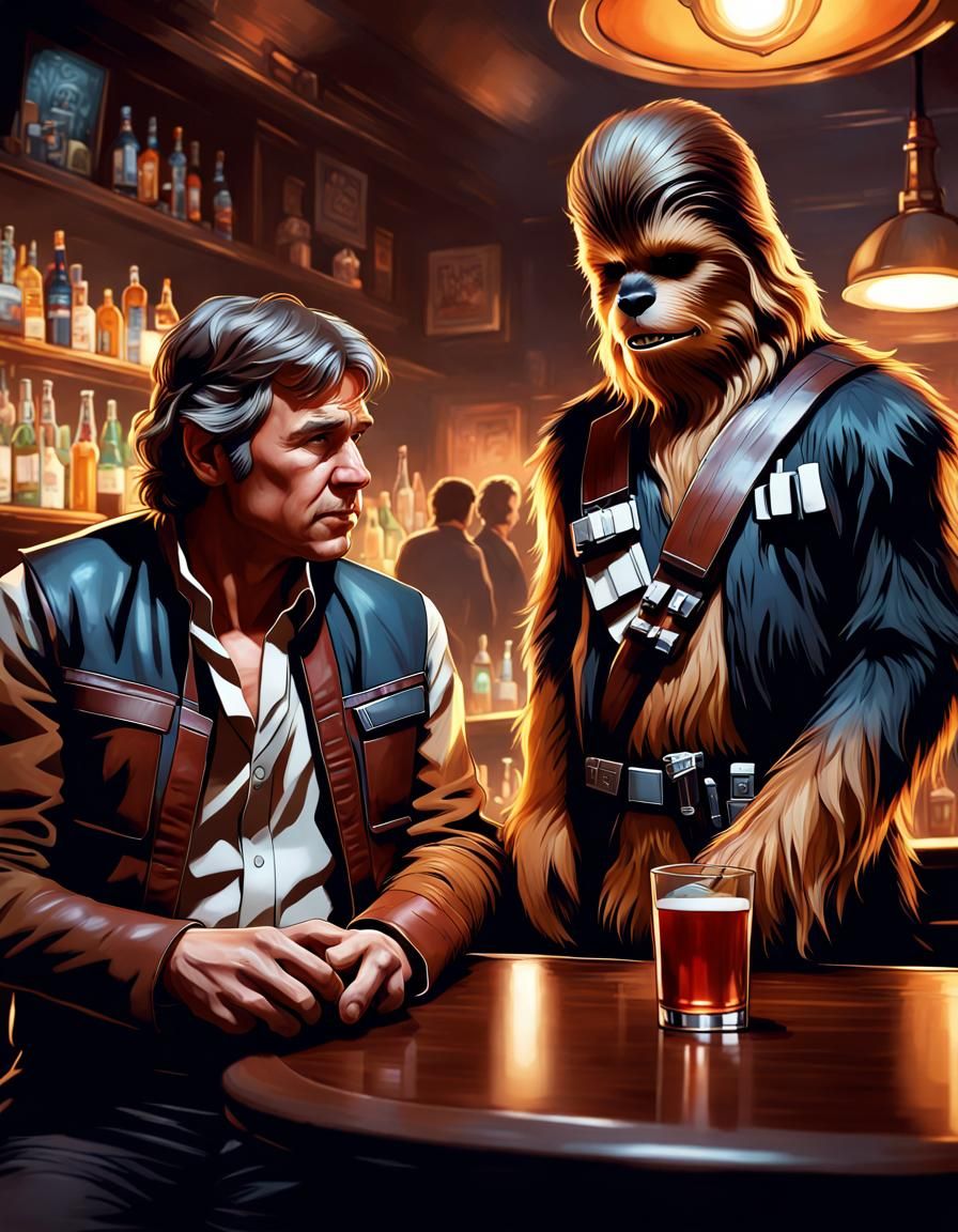 Han Solo and Chewbacca at a bar.