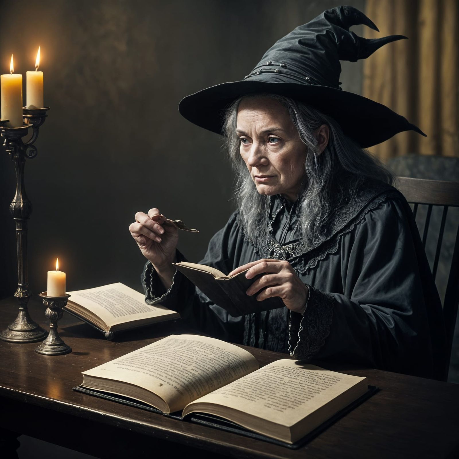 Hyperrealistic Old Witch Reading Book of Spells